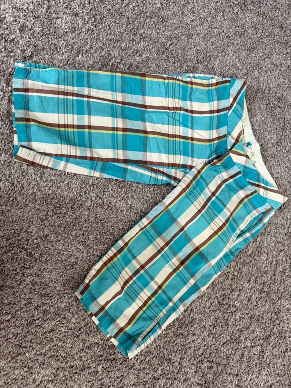 split Turquoise Plaid Shorts with Brown and Yellow Stripes